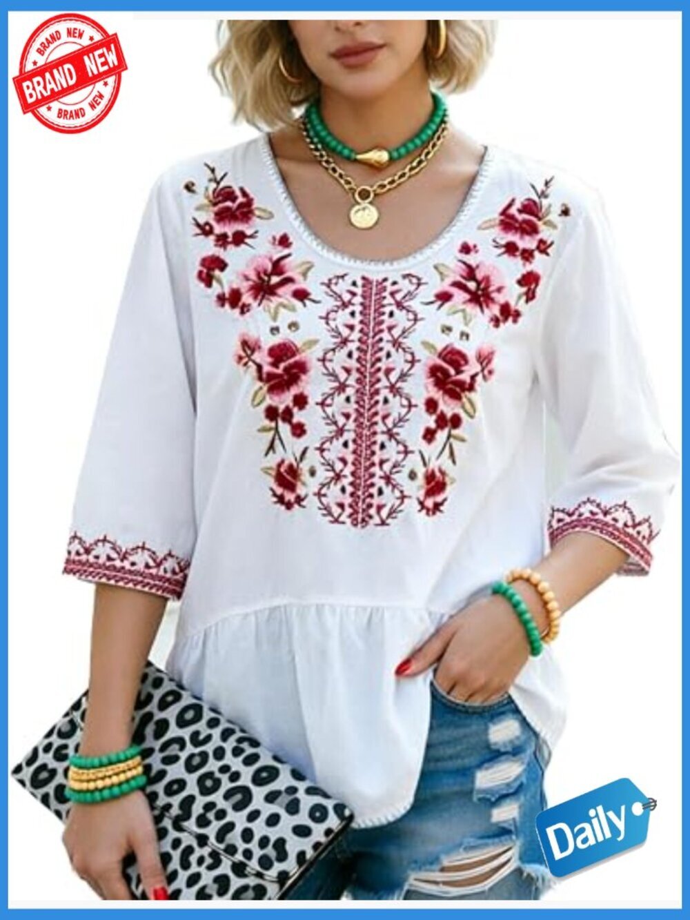 Mexican Embroidered Peasant Blouse 3/4 Sleeve Boho Tunic Top